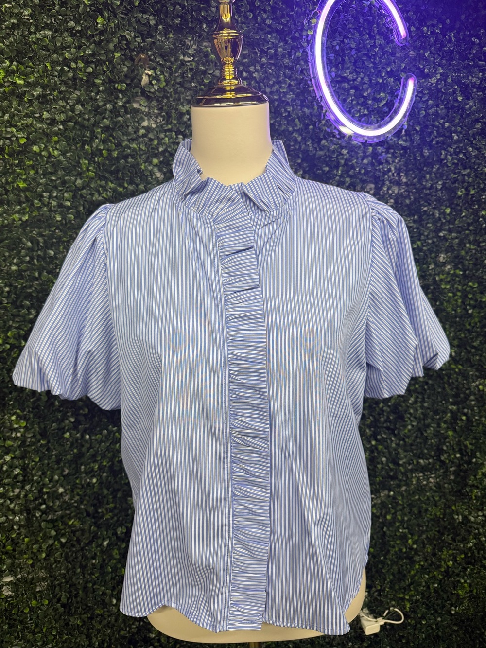Blue and White Striped Ruffle Button-Front Blouse